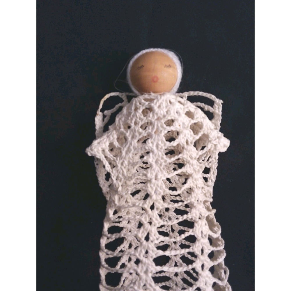 Vtg Christmas Ornament Crocheted Angel figure Holiday Starched 7 inches